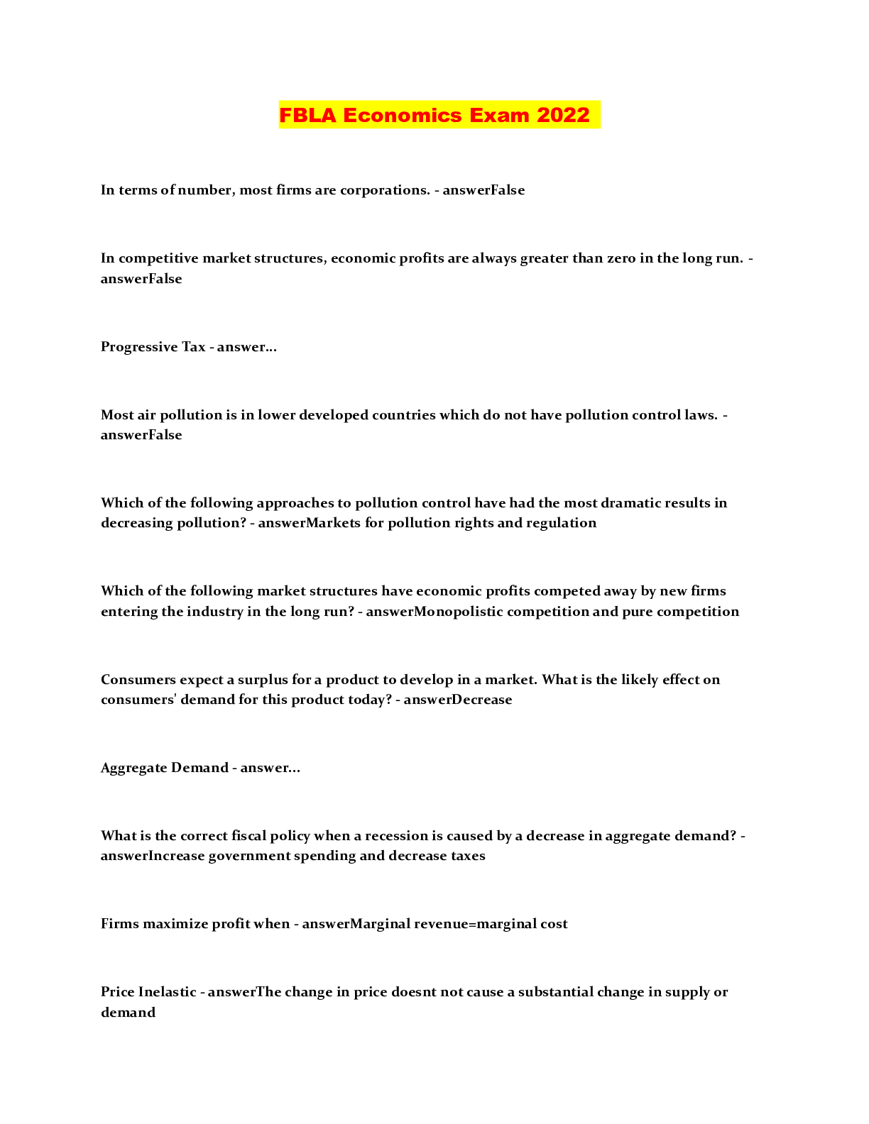 Preview image of FBLA Economics Exam 2022 document